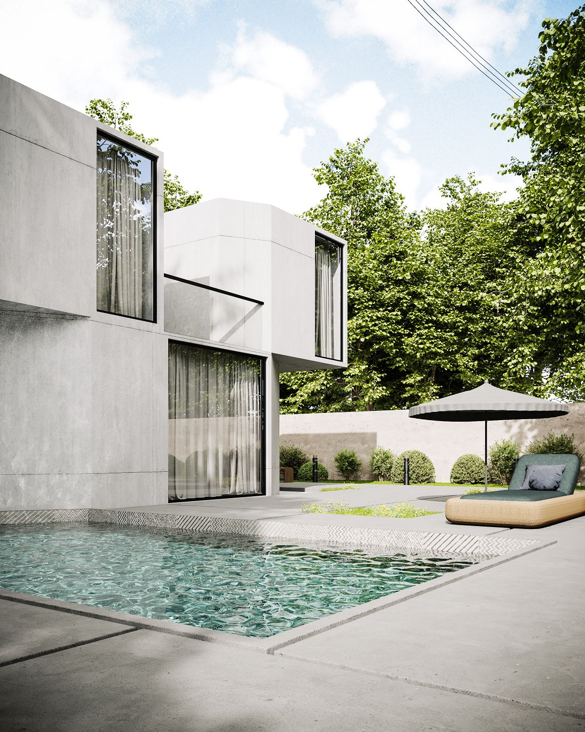 Concrete pool deck and modern home